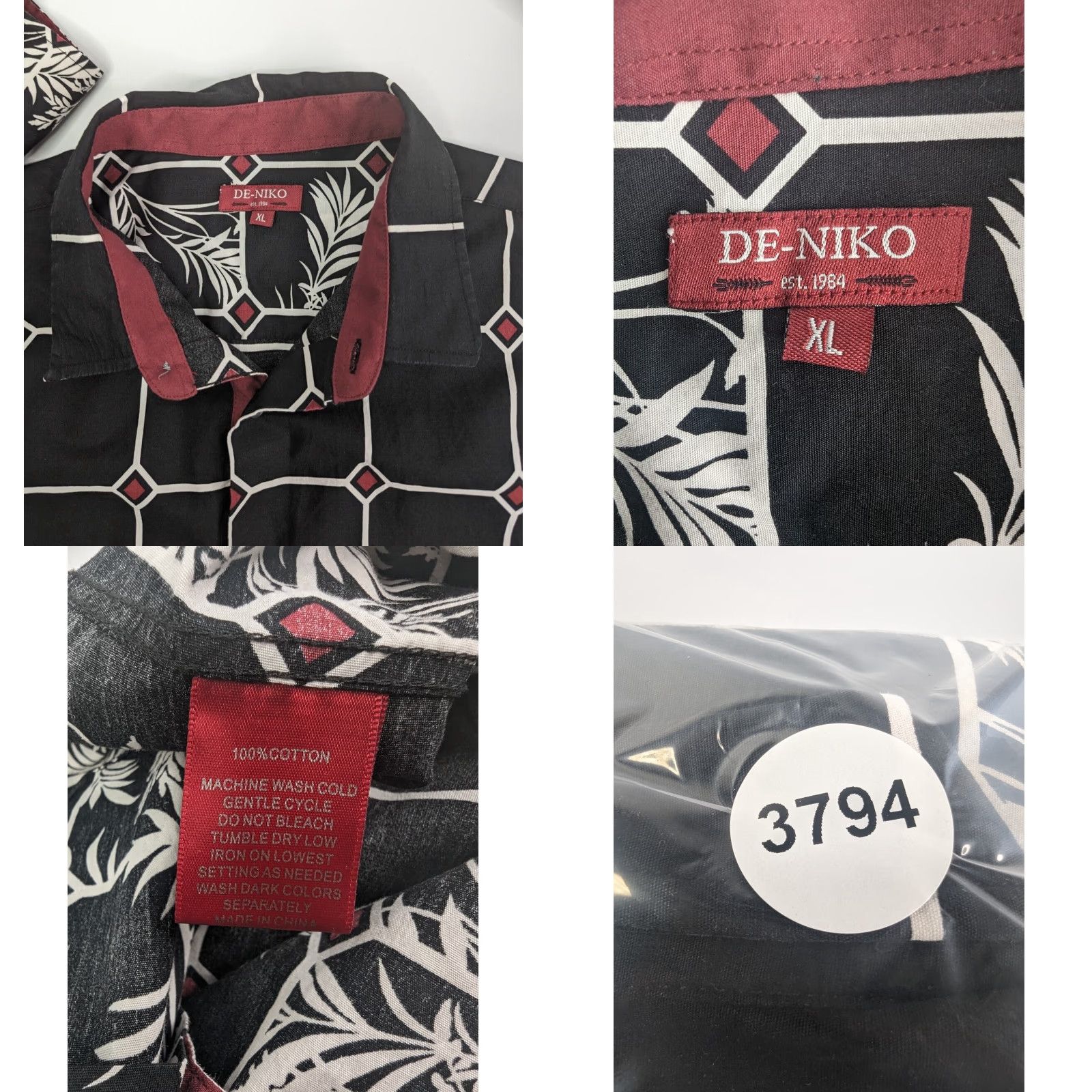 Vintage De-Niko Shirt Men's XL Black Floral Palms Abstract Long Sleeve Button Up Size US XL / EU 56 / 4 - 8 Thumbnail