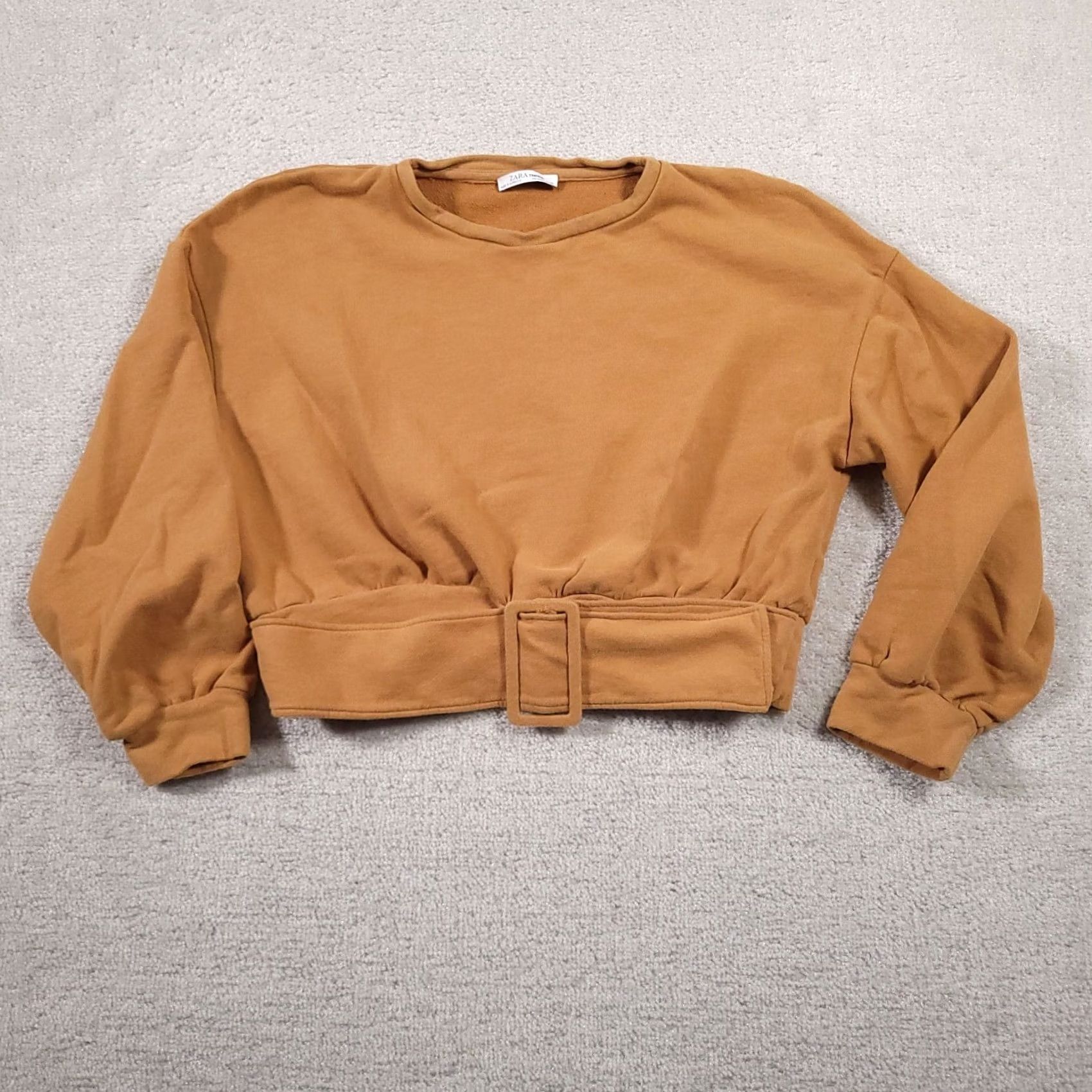 Zara Zara Sweatshirt Women's Large Cropped Round Neck Tan Belted Long Sleeve Size L / US 10 / IT 46 - 2 Thumbnail