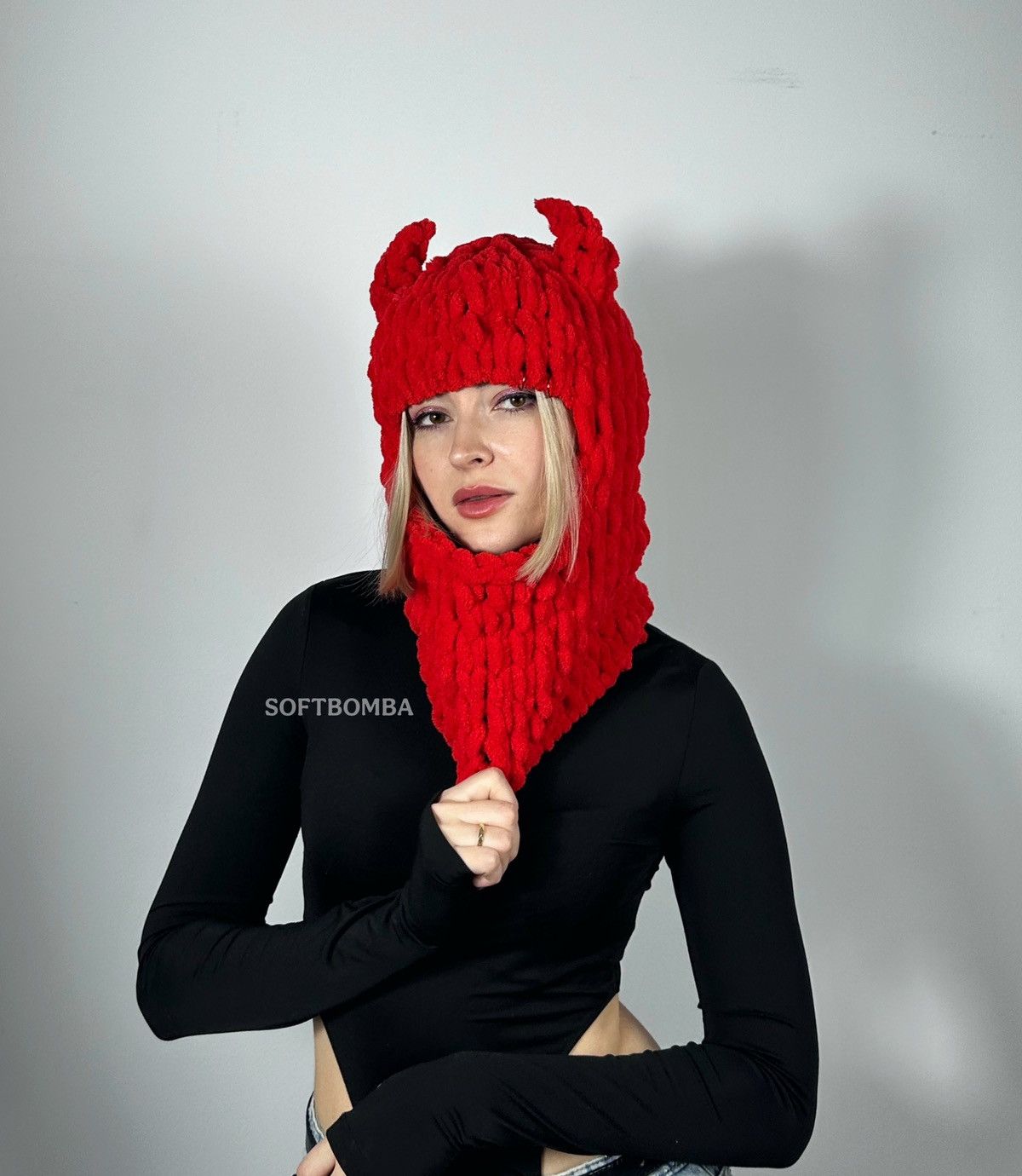 Handmade Devil hat with horns . Horns ski mask . Balaclava Size ONE SIZE - 1 Thumbnail