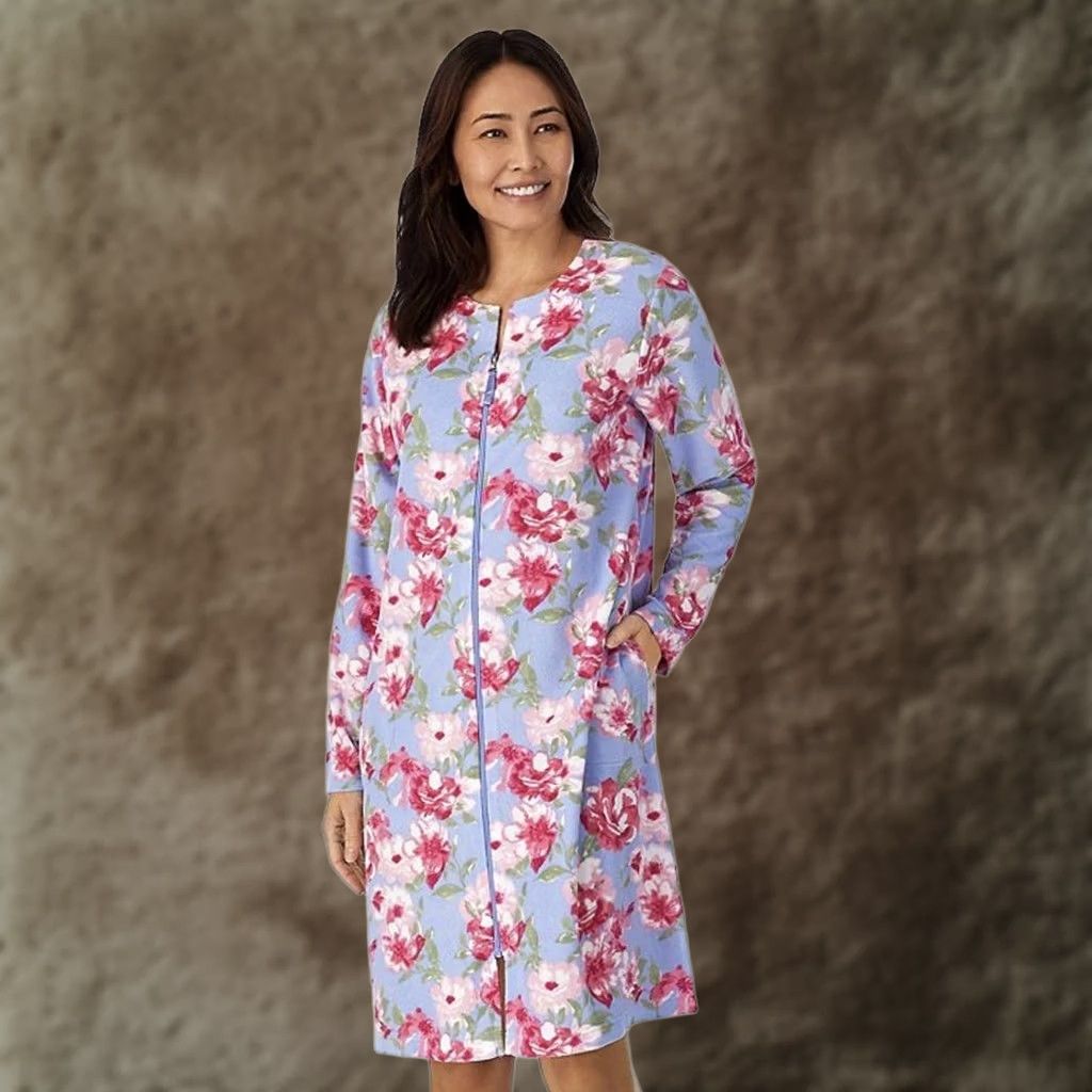 Vintage Stan Herman Robe Womens 3X Blue Floral Fleece Zip Front Long Sleeve Kaftan Size XXL / US 16-18 / IT 52-54 - 1 Thumbnail