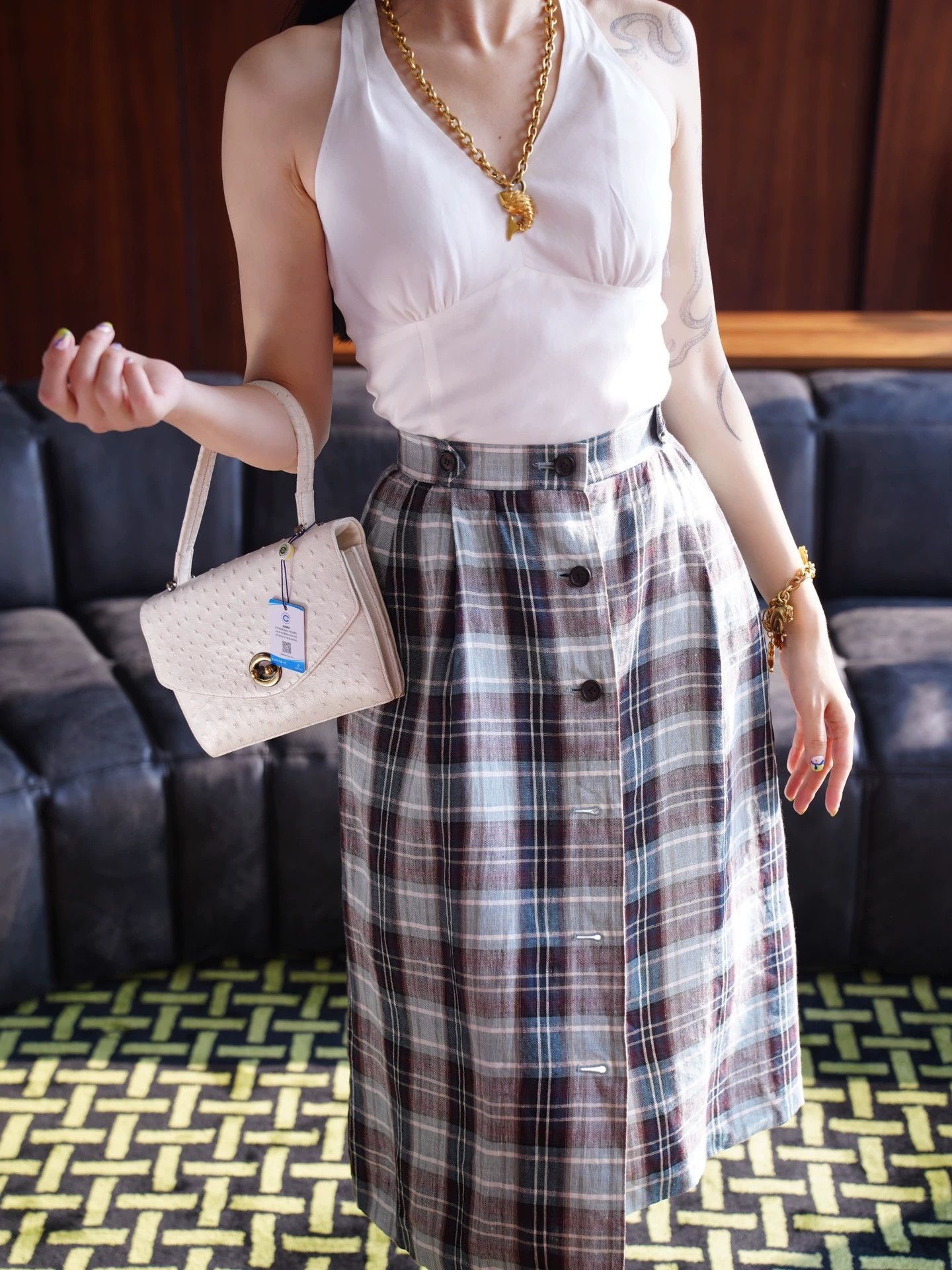 Yves Saint Laurent YSL Vintage Blue Check Linen Skirt Size 26" / US 2 / IT 38 - 3 Thumbnail