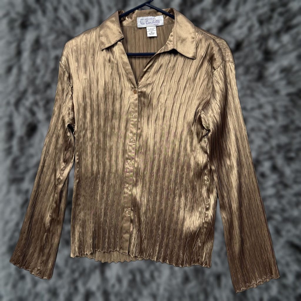 Vintage VIA CONDOTTI Blouse Gold Pleated Button Up M Women’s Party Top Size M / US 6-8 / IT 42-44 - 1 Thumbnail