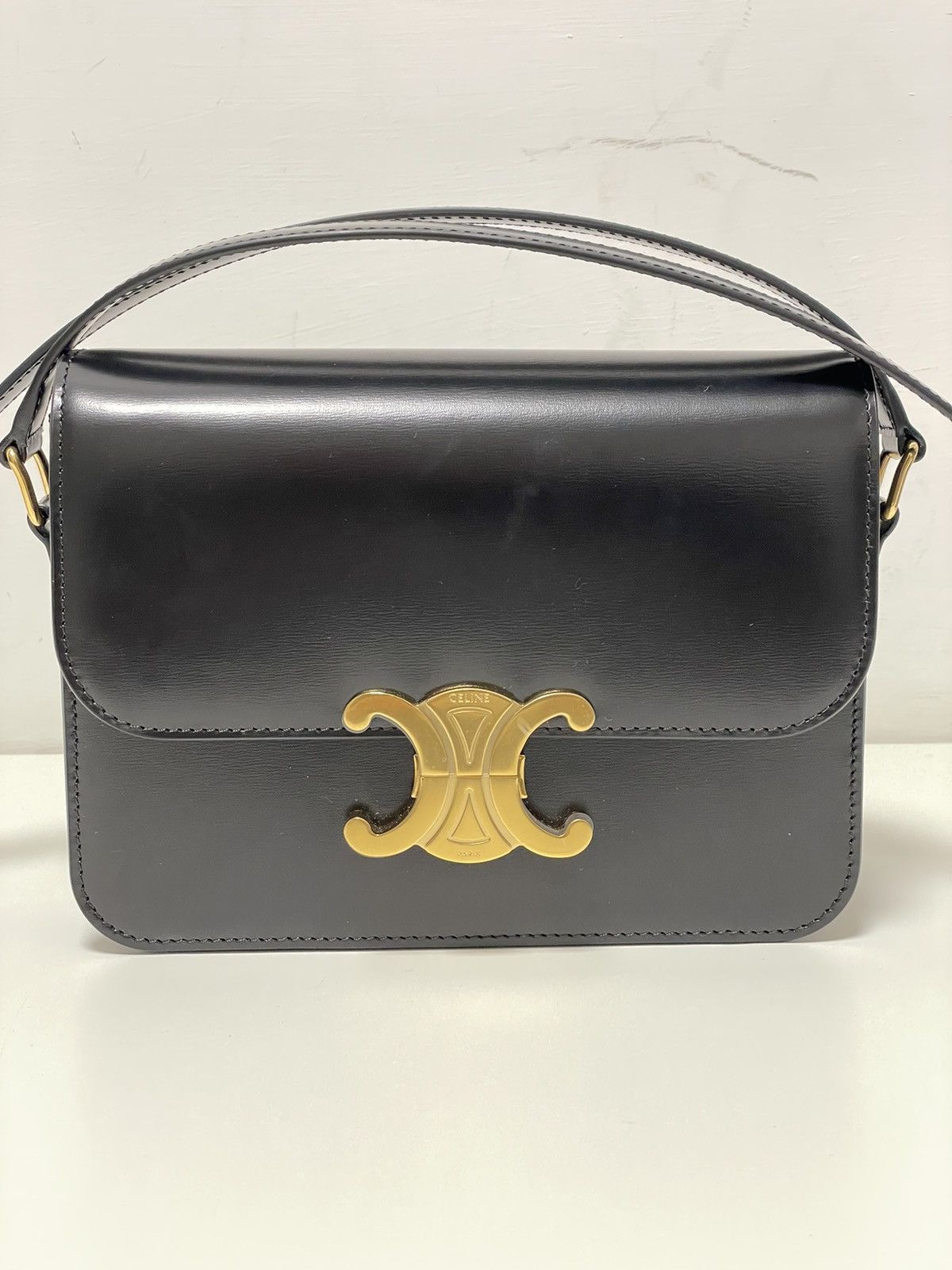 image of Celine Triomphe Bag In Shiny Calfskin Black, Women's