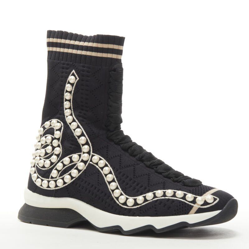 Fendi FENDI Rockoko black pearl embellished black sock knit high top sneaker EU36 Size US 6 / IT 36 - 1 Thumbnail
