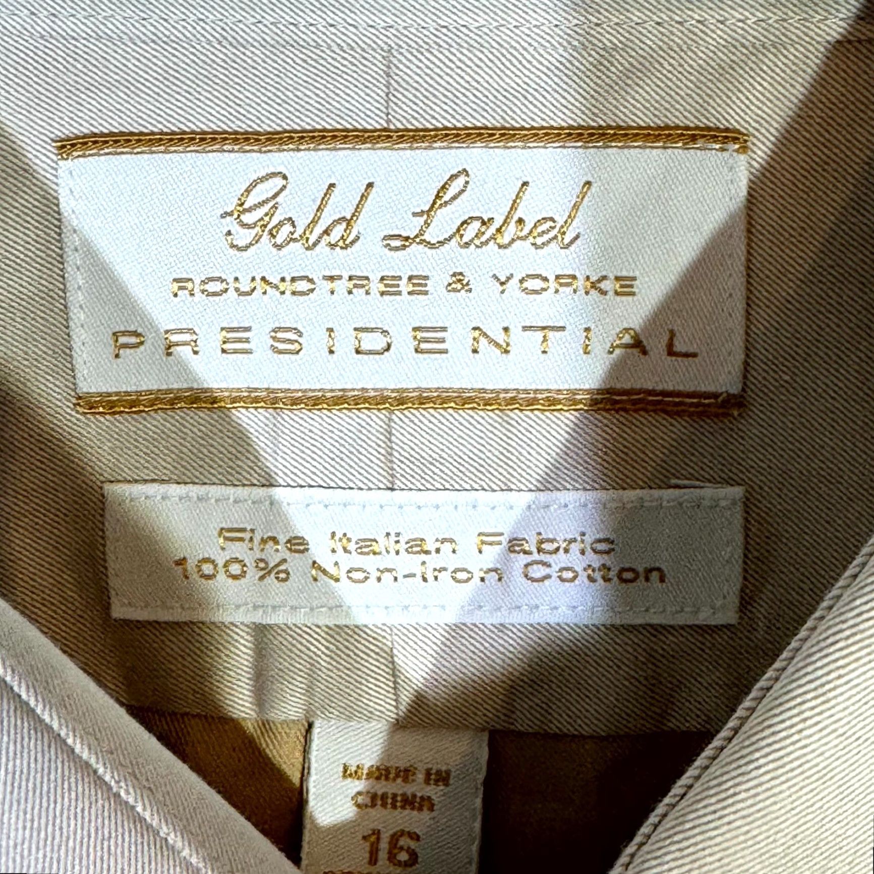 Vintage Gold Label Dress Shirt 16/34 Tan 100% Cotton Fitted Career Formal Men Regular Long Sleeve Button Cuffs Chest 48" Vintage No Iron Modern Pattern Solid Size 42R - 7 Thumbnail