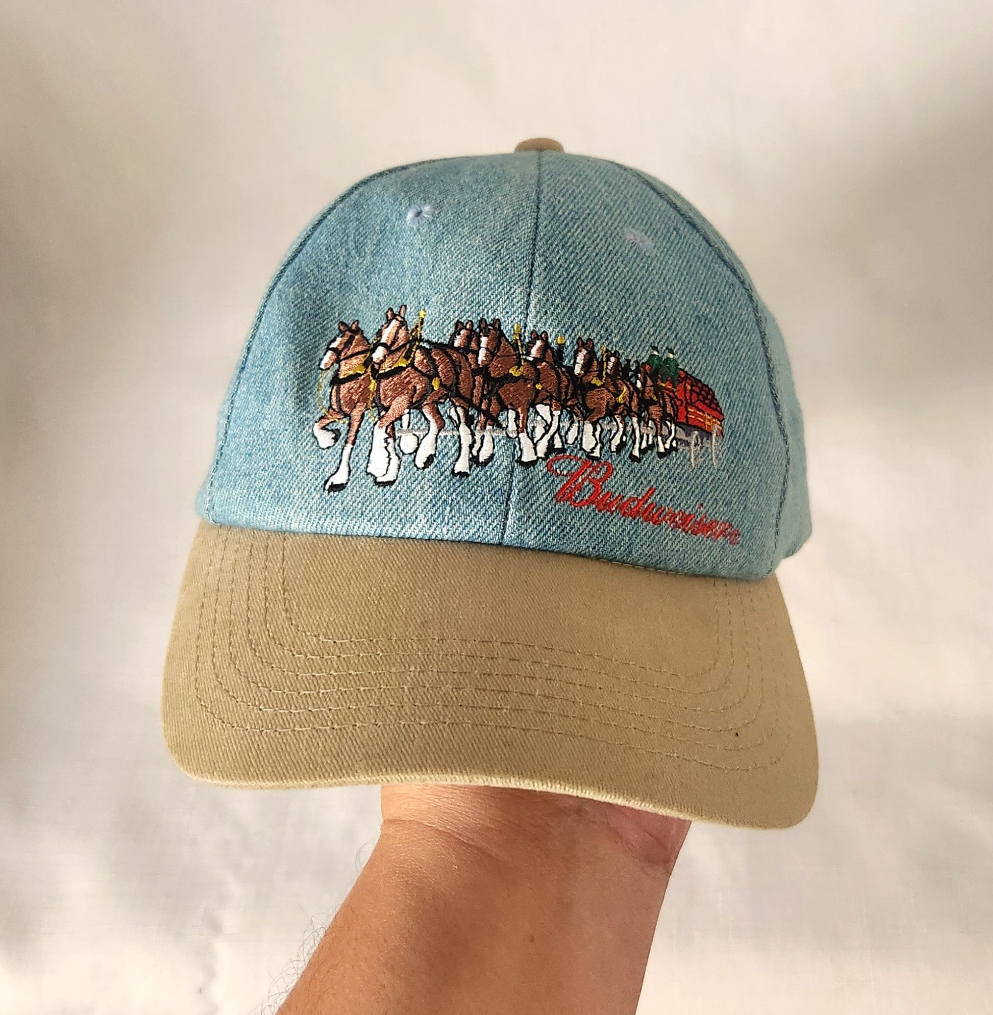 Budweiser VINTAGE Budweiser Hat Cap Strap Back Blue Denim Clydesdale Size ONE SIZE - 2 Thumbnail