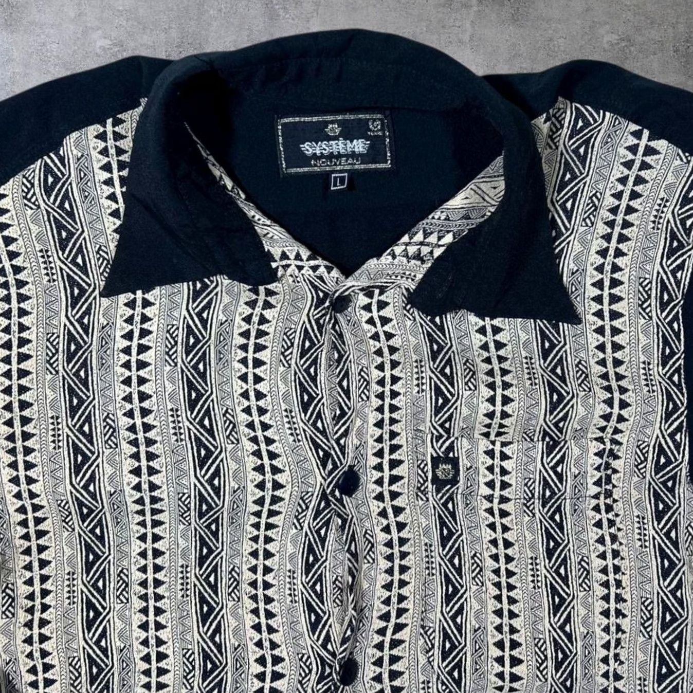 Vintage Vintage Systeme Nouveau Black Beige Abstract Patterned Long Sleeve Viscose Shirt Large Mens Button-Up Size US L / EU 52-54 / 3 - 3 Thumbnail