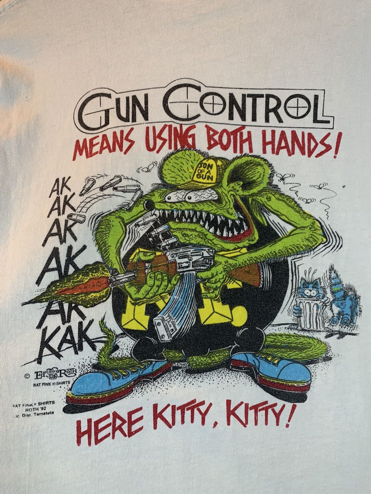 Vintage *RARE* Vintage 1992 Rat Fink Ed Roth Gun Control Art T-Shirt Size US XXL / EU 58 / 5 - 3 Thumbnail