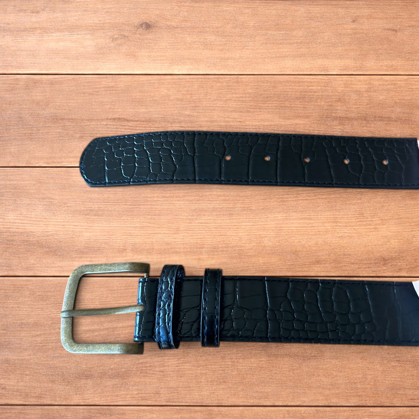 Japanese Brand Faux leather snakeskin cowboy belt in black with brass trim. Size ONE SIZE - 2 Thumbnail