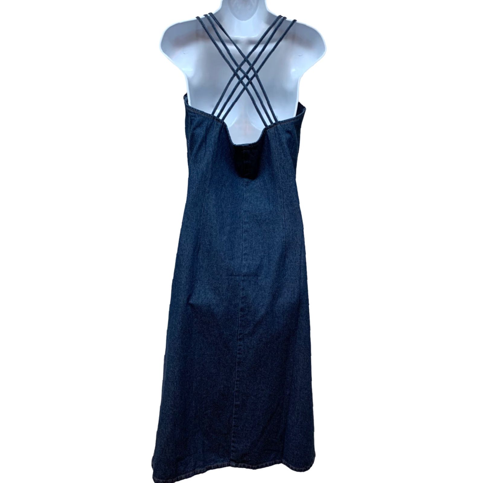 Vintage VINTAGE Y2K Fitted Maxi Cotton Denim Jean Strappy Racerback Dress Fit S/M Le Mieux Women Casual Rockabilly 1990s Blue Shirt? Size 27" / US 4 / IT 40 - 2 Thumbnail