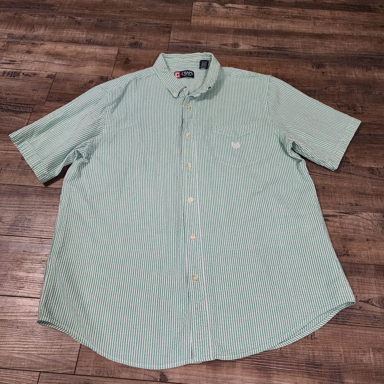 Chaps Chaps seersucker short sleeve shirt green striped sz XL 2257 Size US XL / EU 56 / 4 - 1 Thumbnail