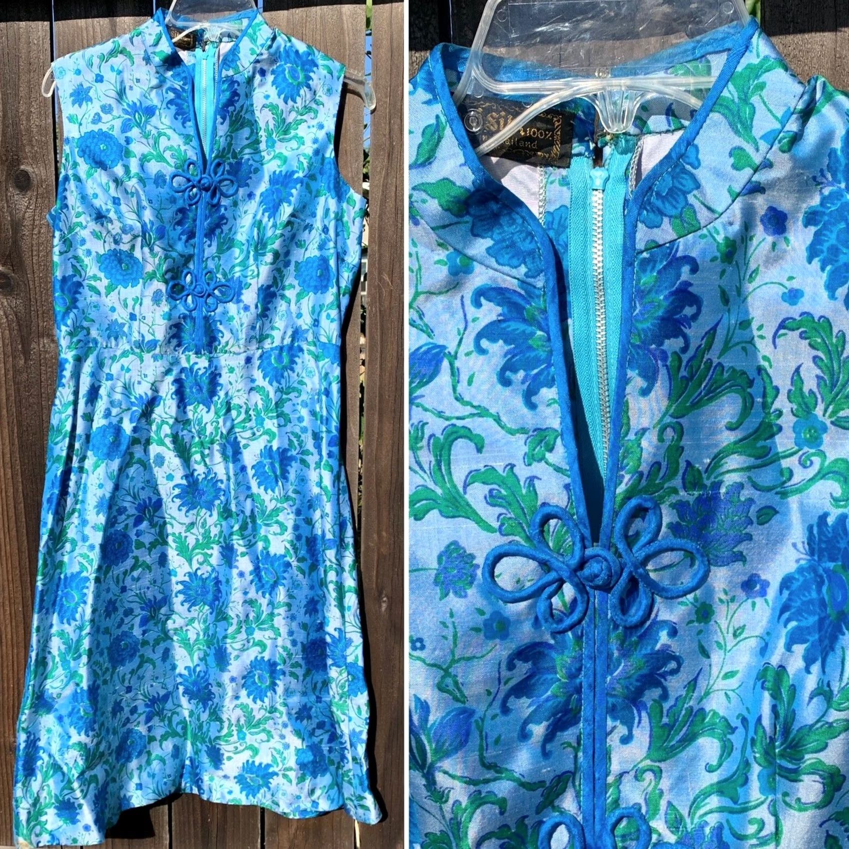 Vintage VINTAGE Thai Silk Dress Floral Metal Zipper cheongsam tiki mod Dress 100% Silk Blue 1960s Womens Size 4XL / US 24-26 - 7 Thumbnail