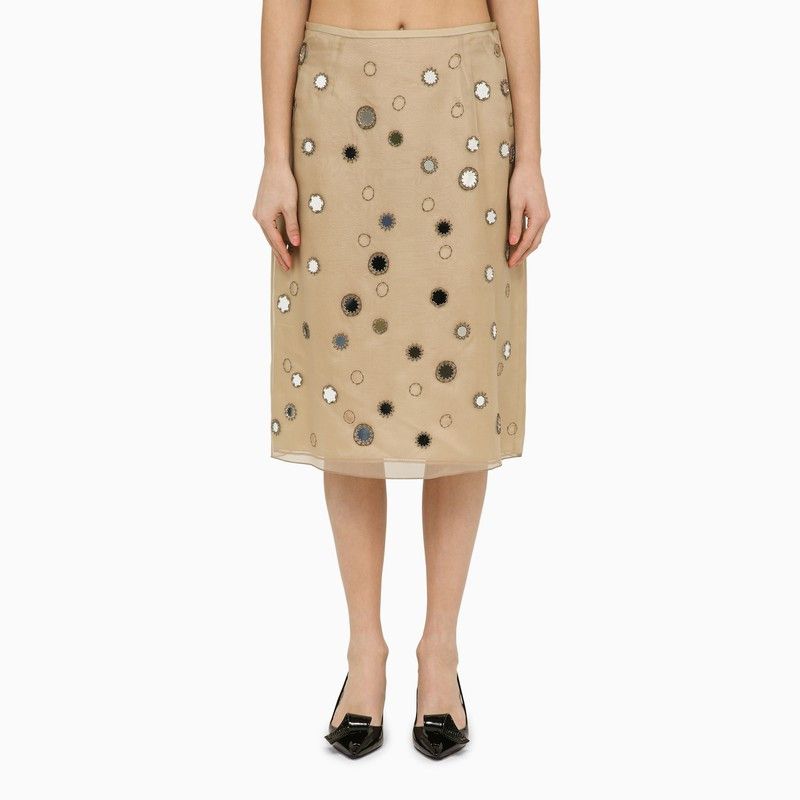 image of Prada Beige Silk Midi Skirt With Mirrors, Women's (Size 28)