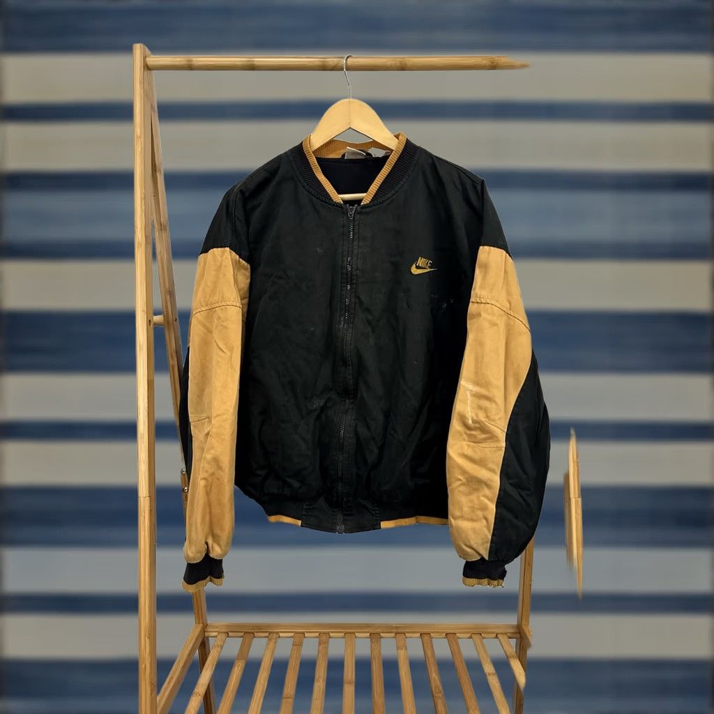 Nike VTG Nike Block Spellout Black Gold Varsity Bomber Jacket XL Mens Distressed 80s Style Size US XL / EU 56 / 4 - 1 Thumbnail