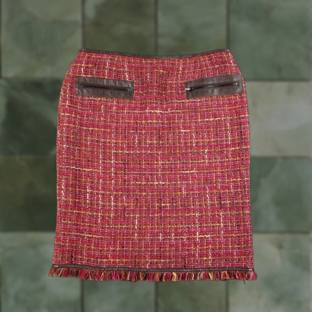 Vintage Lafayette 148 NY Pencil Skirt Women Size 12 Red Boucle Tweed Fringe Lined Knee Length Classic Women Size 34" / US 12 / IT 48 - 1 Thumbnail