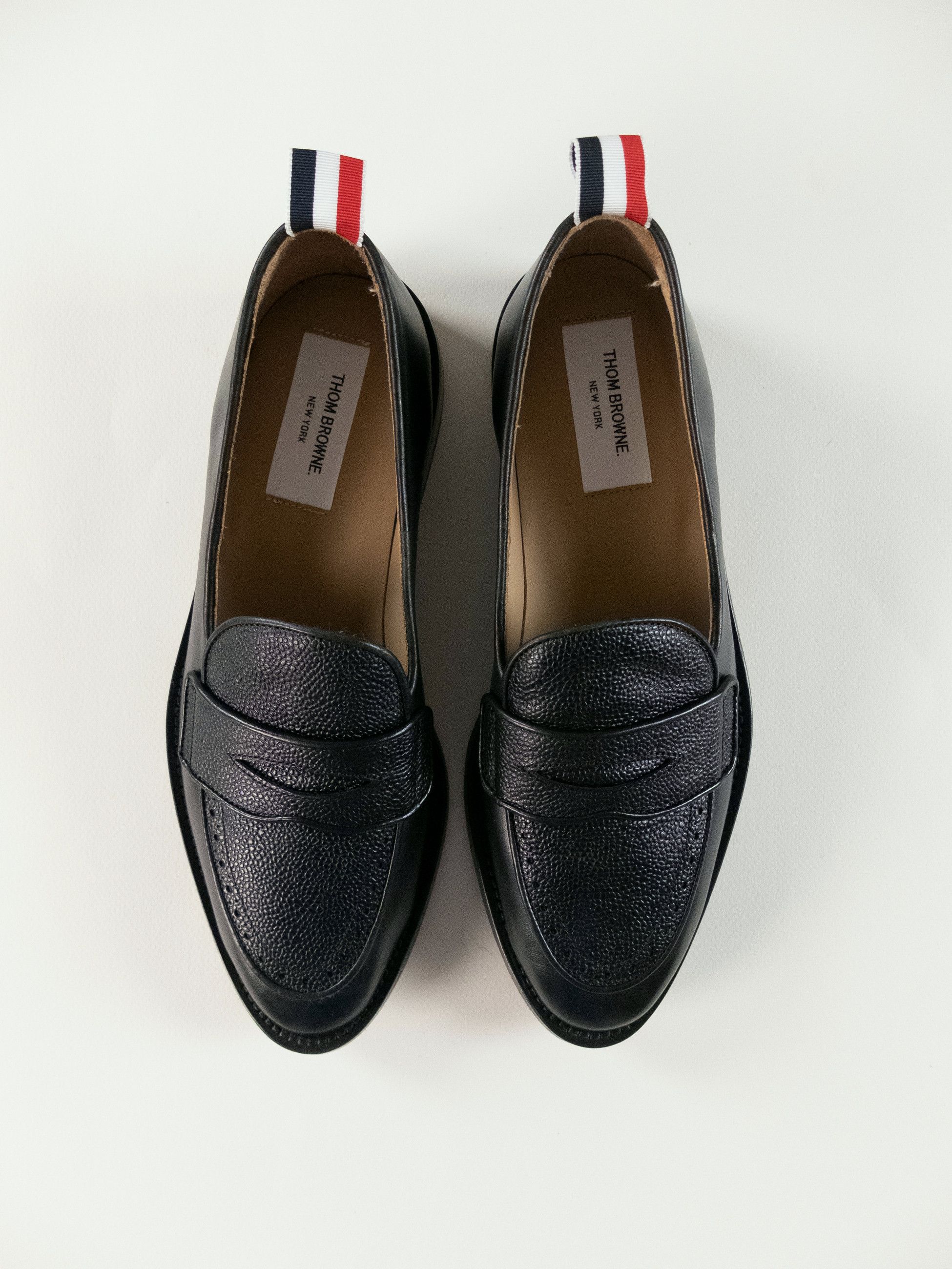 THOM BROWNE black leather PWB tag penny loafers 8 41