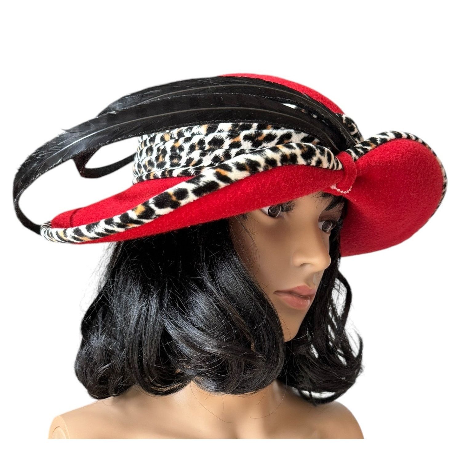Vintage NWT 1960's Mr. John Classic Hat Red animal print feathers Size ONE SIZE - 1 Thumbnail