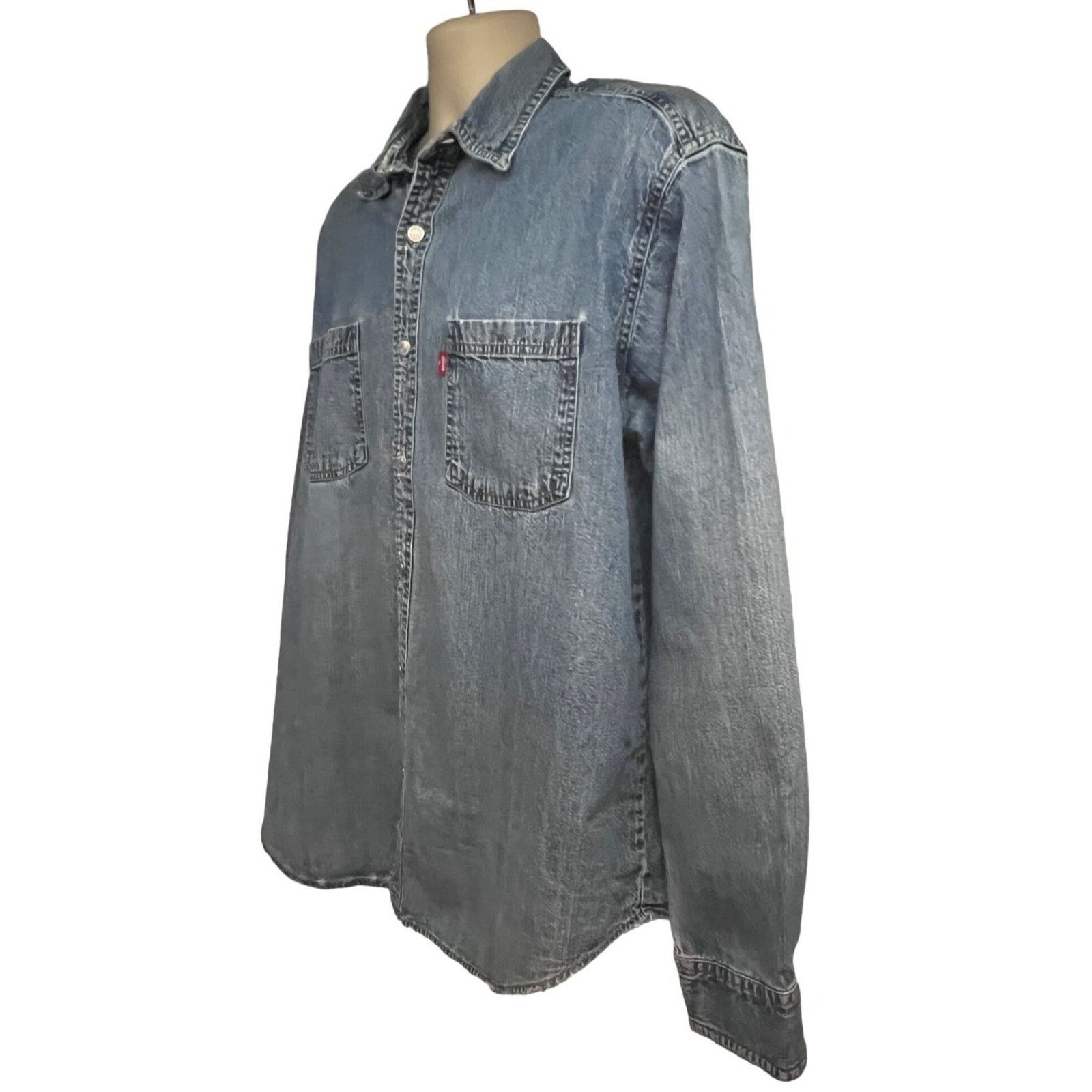 Levi's Levis Blue Relaxed Distressed Denim Button Shirt L Pockets Size US L / EU 52-54 / 3 - 3 Thumbnail