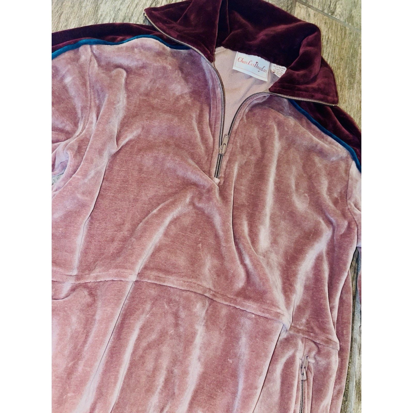 Vintage Vintage 70s Velvet Tracksuit Zip Jacket Mauve Maroon Green Size M / US 6-8 / IT 42-44 - 5 Thumbnail