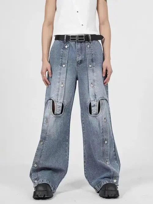 Japanese Brand Wide-leg jeans with heavy-duty hollow metal buttons Size US 32 / EU 48 - 6 Thumbnail