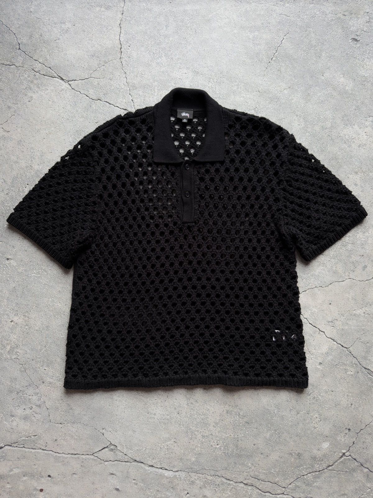 Stussy Stussy Big Mesh Polo Sweater Open-Knit Black Polo Shirt