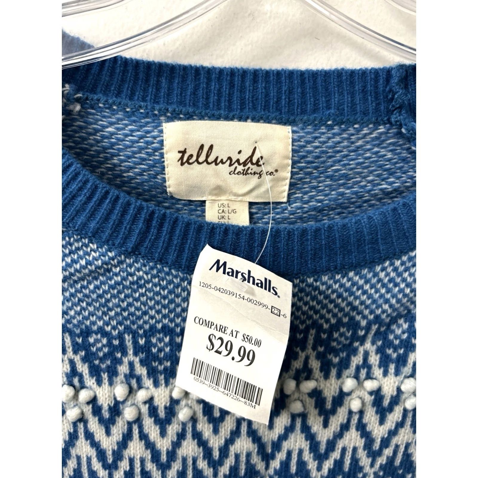CO Telluride Clothing Co. Sweater Womens Large Blue White Crew Knit Raglan Sleeve NWT Beaded Fair Isle Pullover Casual Season Winter Holiday 3/4 Sleeve Size L / US 10 / IT 46 - 5 Thumbnail
