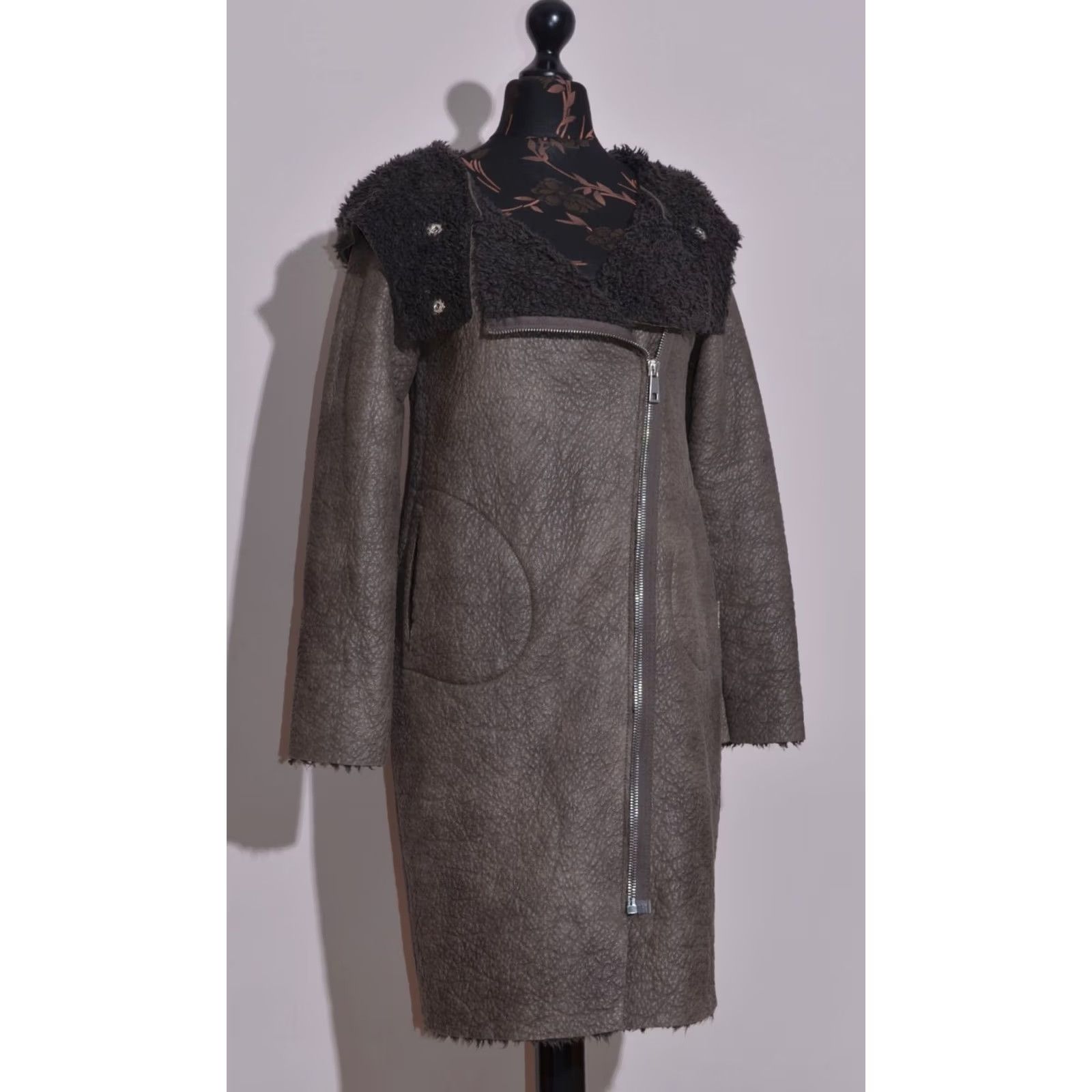 Cop Copine Cop. Copine Shearling Faux Leather Coat Asymmetrical Zip Hooded Jacket Grey 38 S Size S / US 4 / IT 40 - 2 Thumbnail