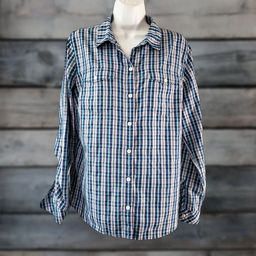 Eddie Bauer Eddie Bauer Women's Button-Front Shirt L Blue Plaid Nylon Blend Shirt, Casual, Long Sleeve, Collared, Regular, Colorful Pattern, Womens Size L / US 10 / IT 46 - 1 Thumbnail