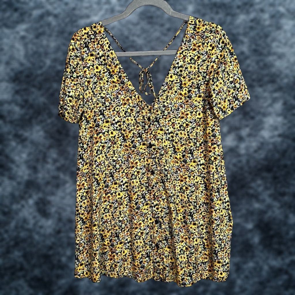 Vintage Motel Dress XS Yellow Floral Sunflower Print Short-Sleeve Mini Tie Back Womens Size XS / US 0-2 / IT 36-38 - 1 Thumbnail