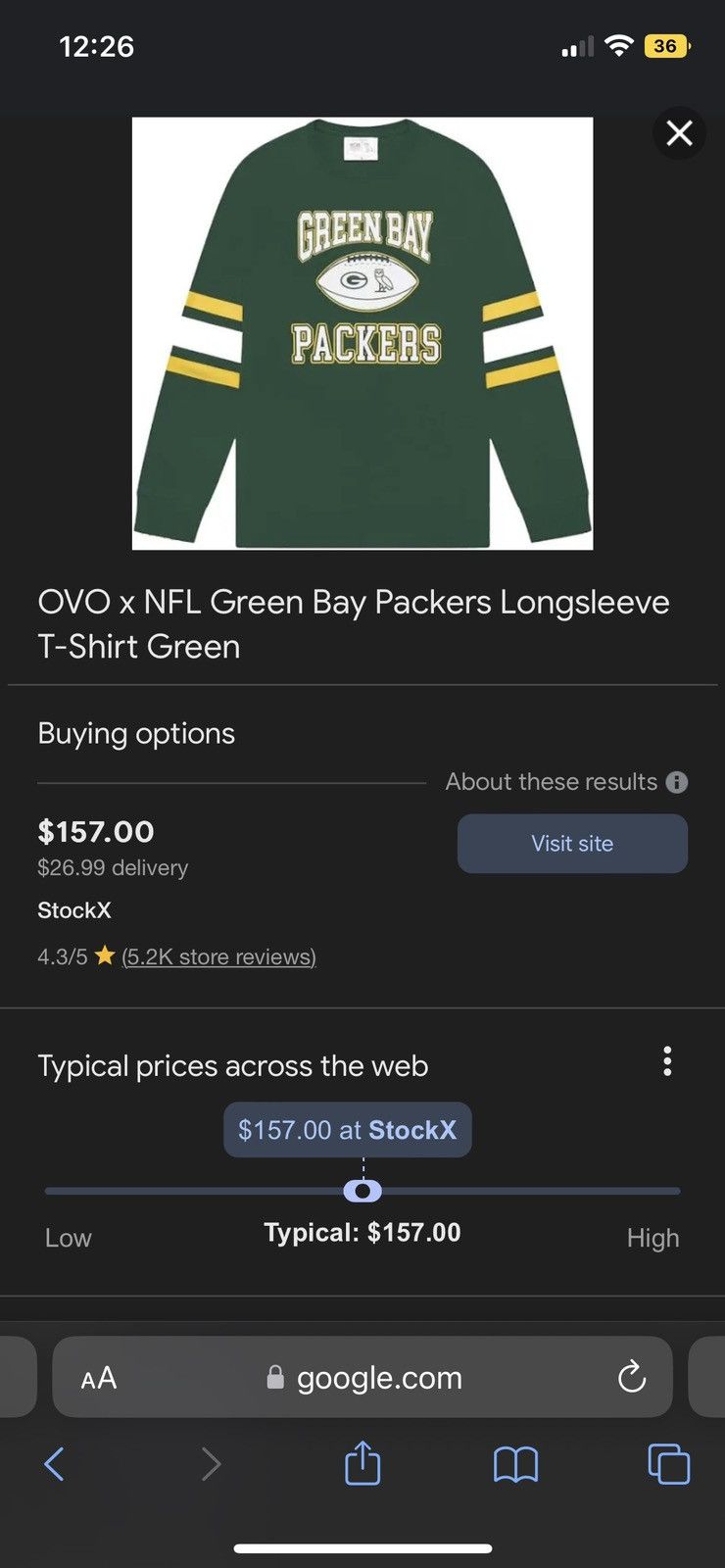 image of Nfl x Nike Green Bay X Ovo Long Sleeve Shirt, Men's (Size Small)