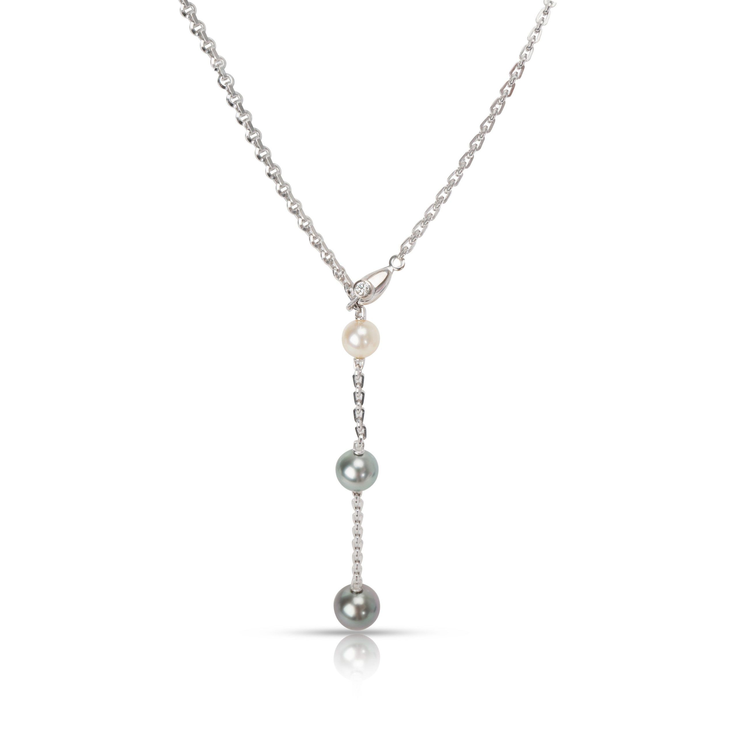 image of Cartier Pearl & Diamond Lariat Necklace In 18K White Gold 0.08 Ctw, Women's