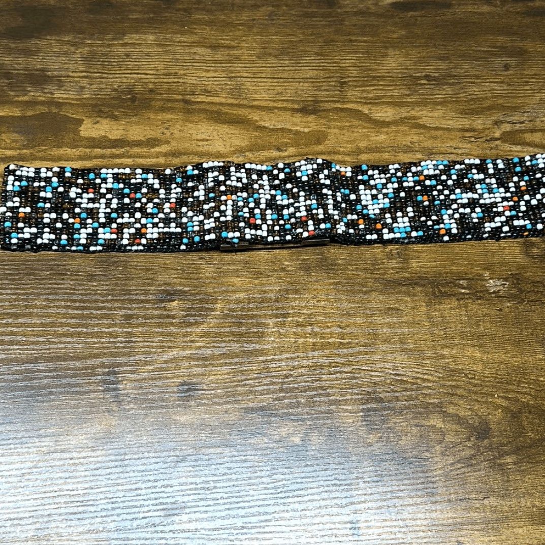 Vintage VINTAGE Women's Beaded Belt One Size Wide Wooden Hook Buckle Retro Boho Stretch Fit Brown W 2.25” Size ONE SIZE - 5 Thumbnail