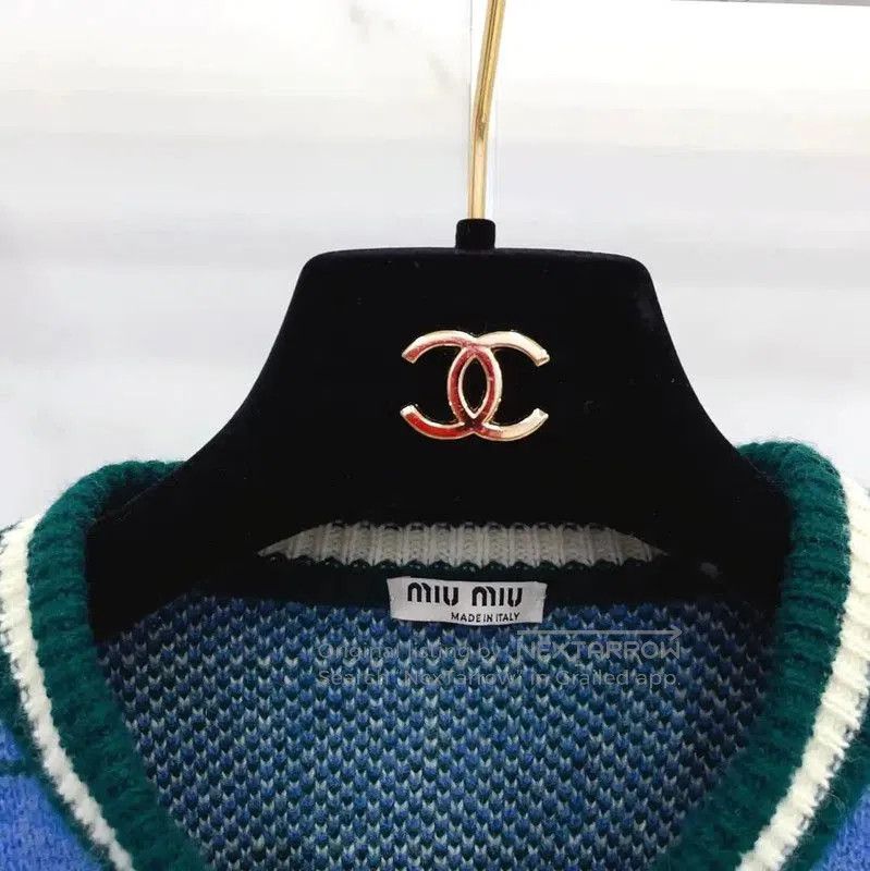 Miu Miu Miu Miu Blue Wool Check Short Sleeve T-Shirt . Size L / US 10 / IT 46 - 7 Thumbnail