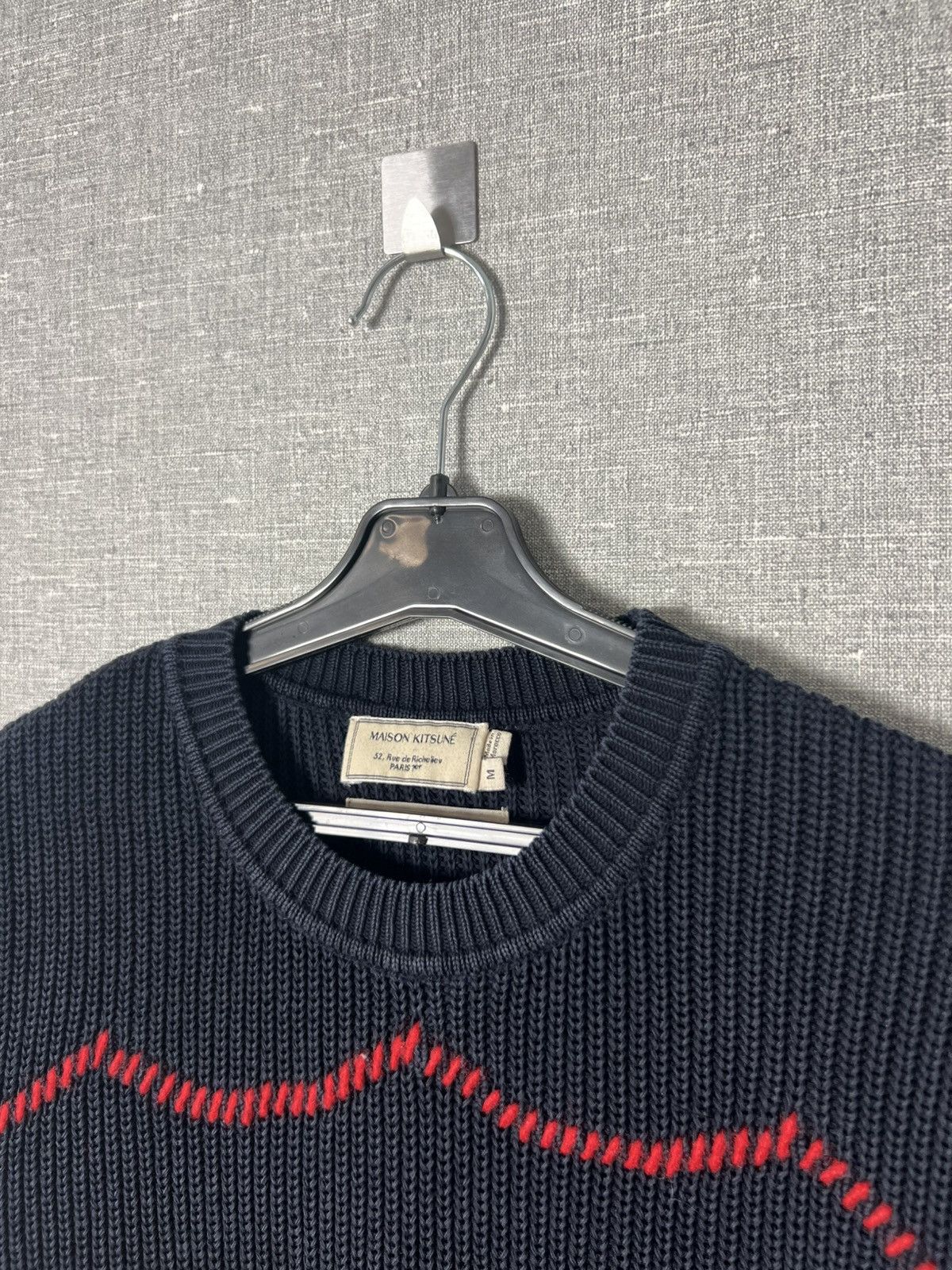 Maison Kitsune Maison Kitsune Crew Navy Sweater Red Wave Hand Embroidered Size M / US 6-8 / IT 42-44 - 3 Thumbnail