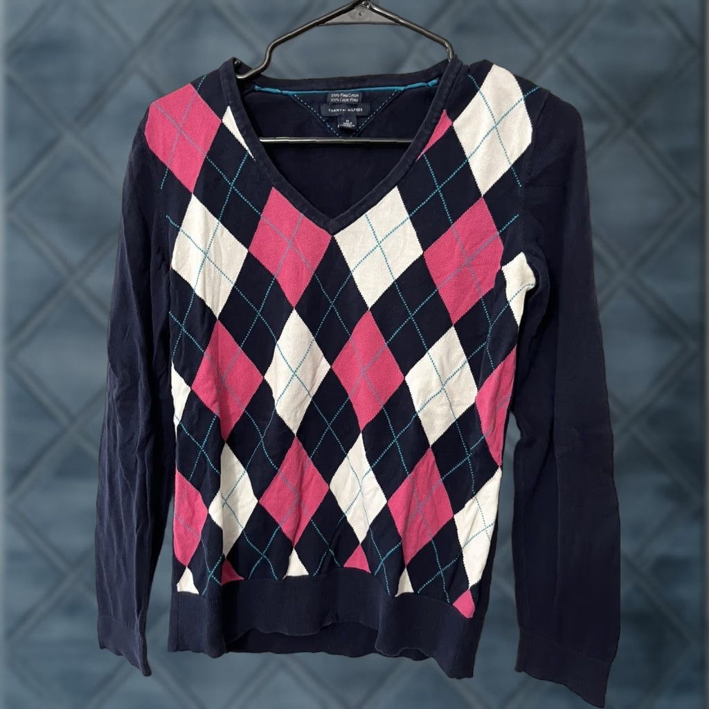 Tommy Hilfiger VINTAGE Tommy Hilfiger V-Neck Sweater Women Medium Navy Blue 100% Cotton Pullover M Size M / US 6-8 / IT 42-44 - 1 Thumbnail