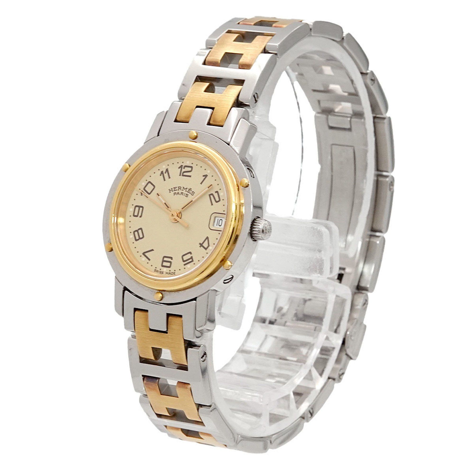 Hermes Clipper Combi Cl4 220 Ladies Watch Date Ivory Quartz in Beige, Women's