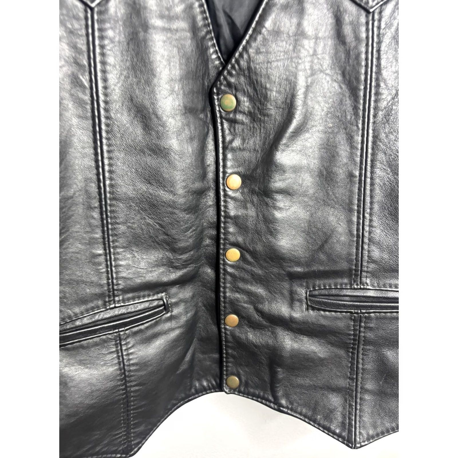 Vintage VINTAGE California Creations Leathers Vest Mens 48 Black Leather Made USA Snap Side Lace Biker Riding Front Welt Pockets Western Yoke Mens Jeans? Size US M / EU 48-50 / 2 - 2 Thumbnail