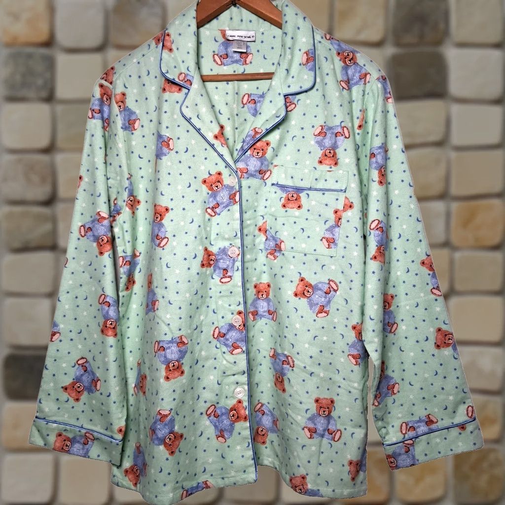 Moonstar Anna New York Flannel Pajama Shirt Small Green Teddy Bears Moon Stars Size S / US 4 / IT 40 - 1 Thumbnail