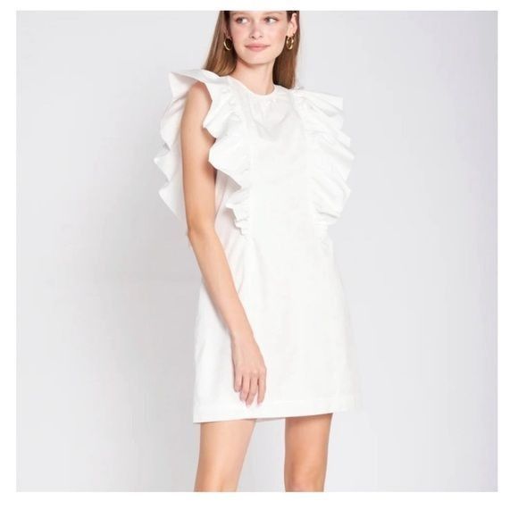 Other En Saison Lifted Mini Dress White Cotton Ruffle Sleeve Shift Size M / US 6-8 / IT 42-44 - 1 Thumbnail
