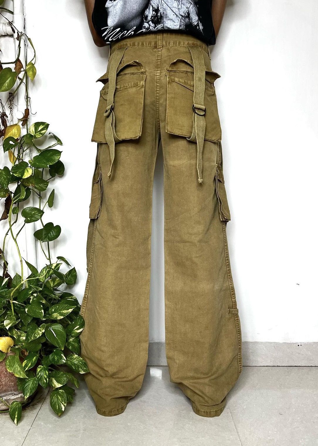 Image of 14Th Addiction x Share Spirit Homme Vintage Bondage Multipocket Flare Trousers in Gold (Size 30)