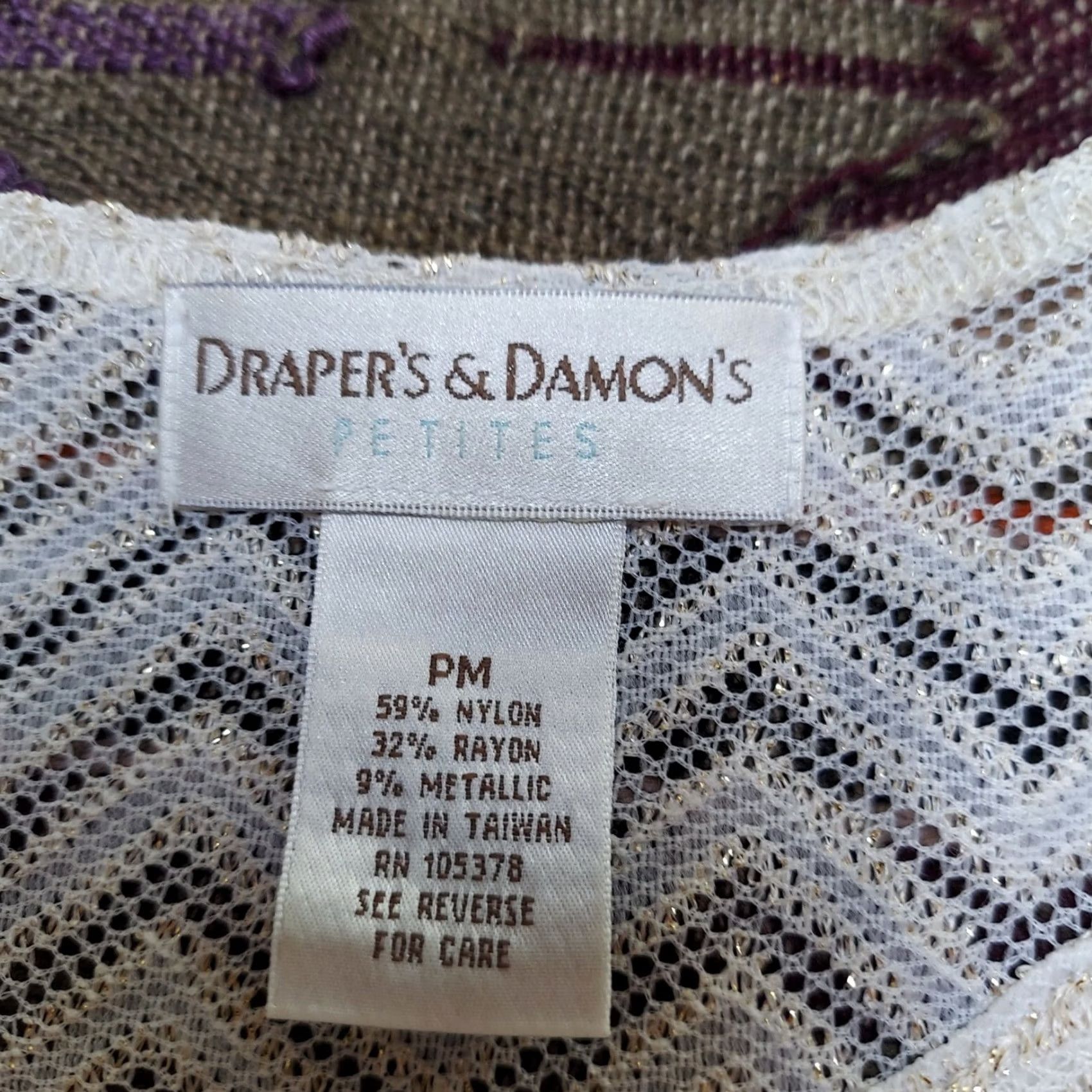 Vintage Drapers & Damon'S Womens Petite Medium 3/4 Sleeves Top Metallic Perforated White Size M / US 6-8 / IT 42-44 - 3 Thumbnail