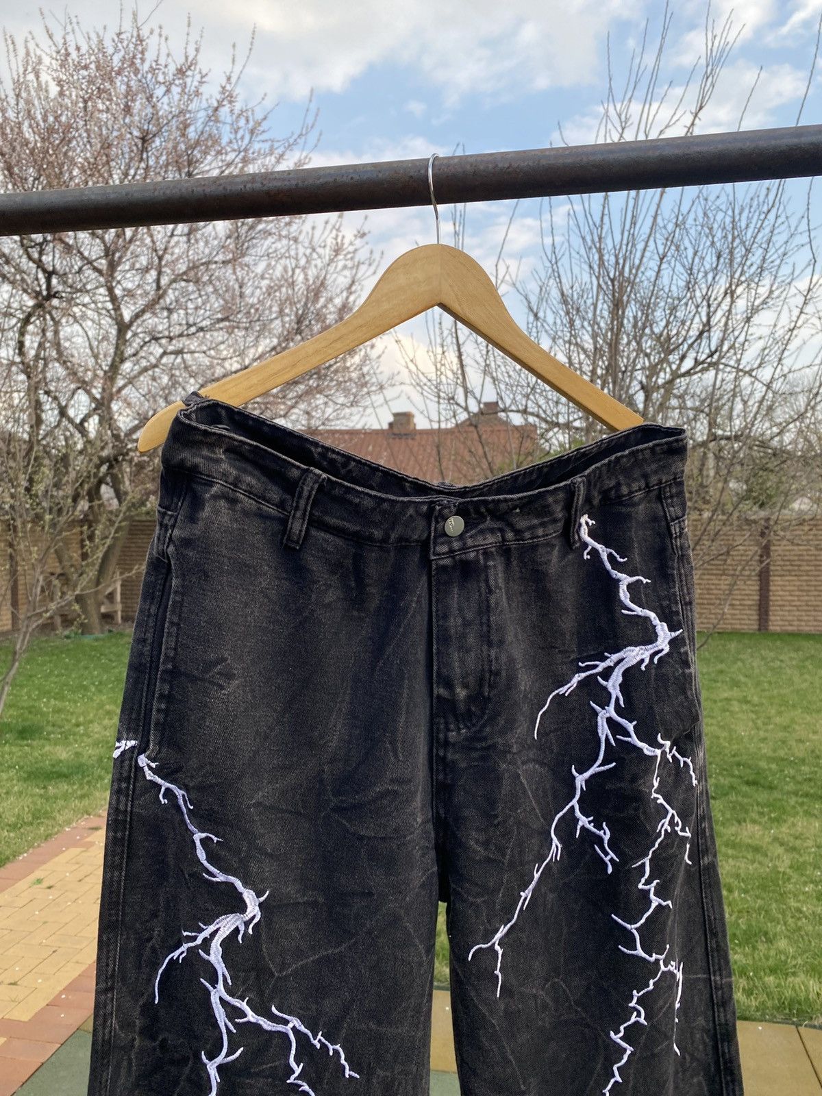 Vintage Black wide-leg jeans with lightning embroidery, Y2K, size L Size US 34 / EU 50 - 4 Thumbnail