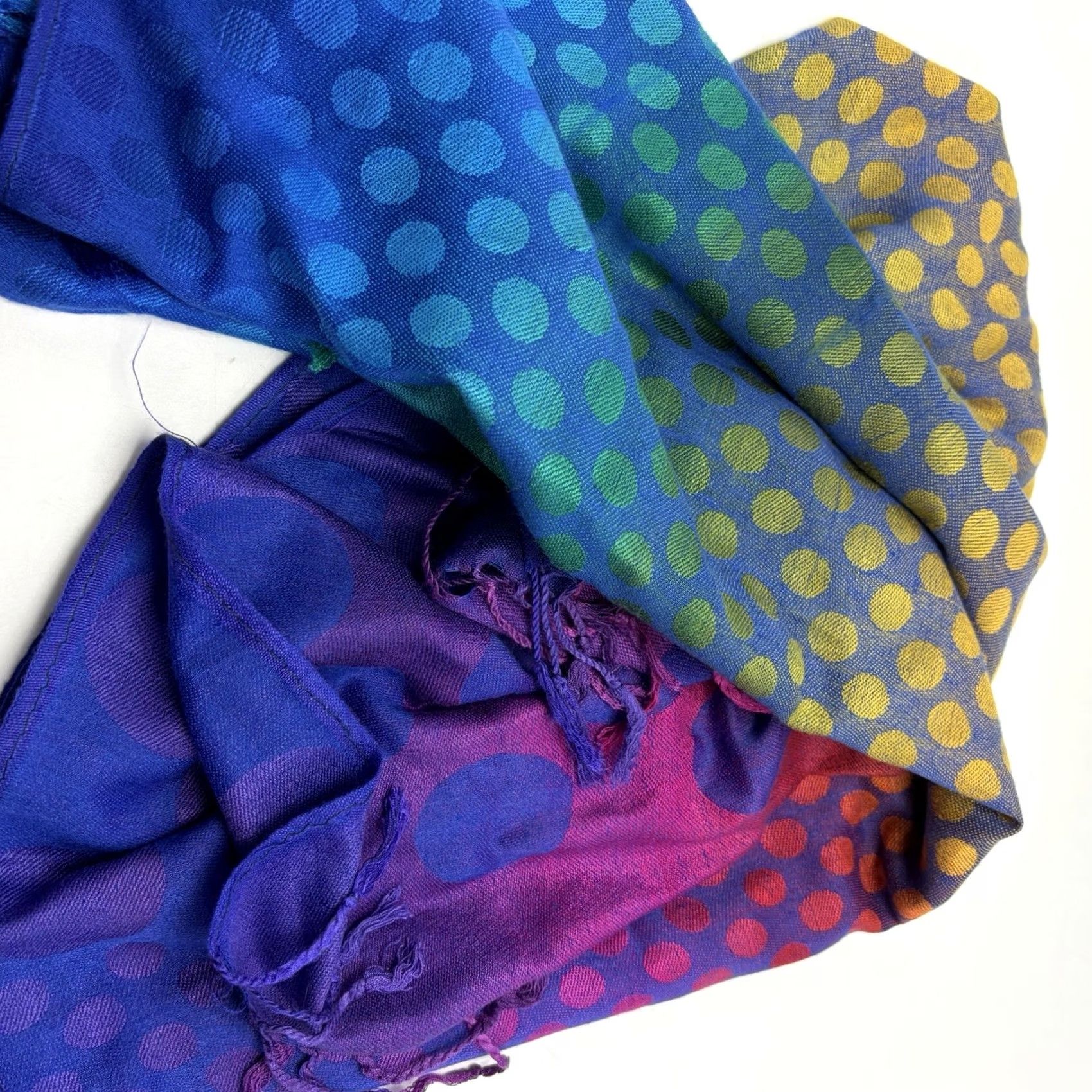 Rainbow Cashmere Scarf 100% Cashmere Polka Dot Rainbow Color Block Blue Read Read Size ONE SIZE - 4 Thumbnail