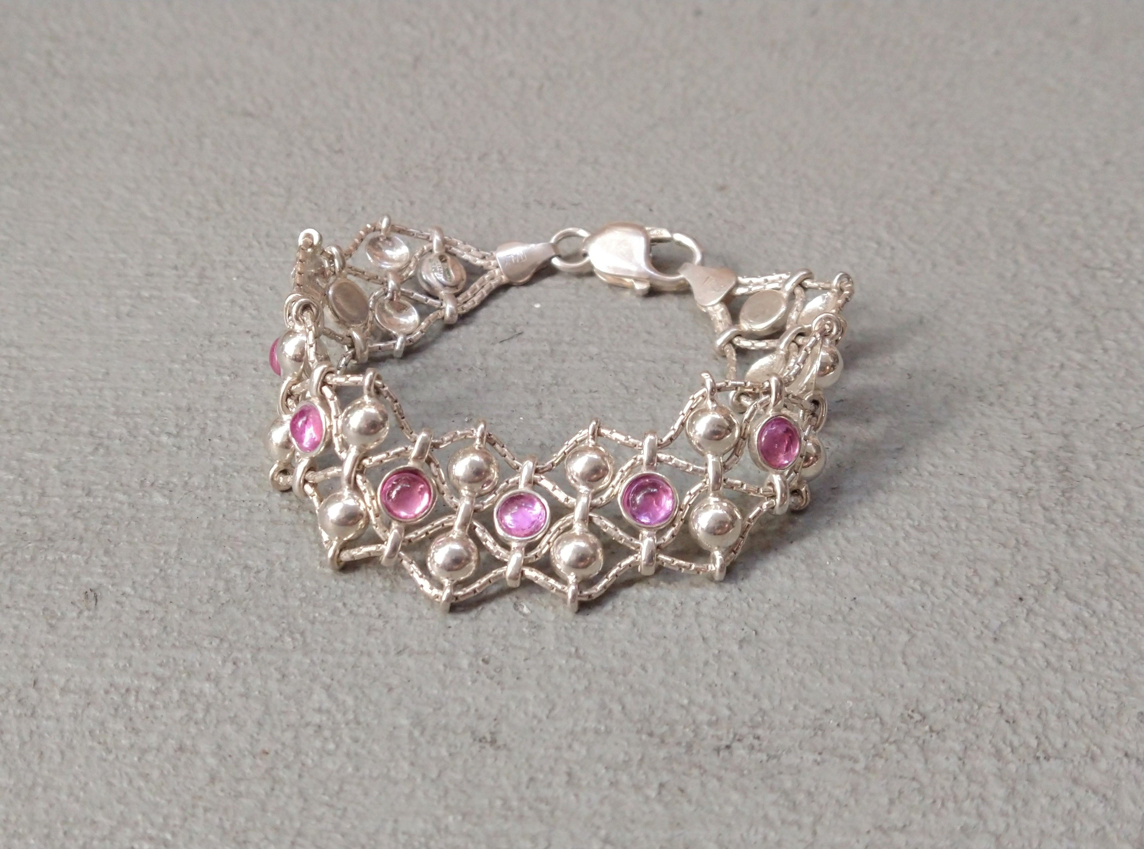Jewelry × Vintage Vintage Sterling Silver Bracelet Pink Glass Chain Italy Y2K Size ONE SIZE - 1 Thumbnail
