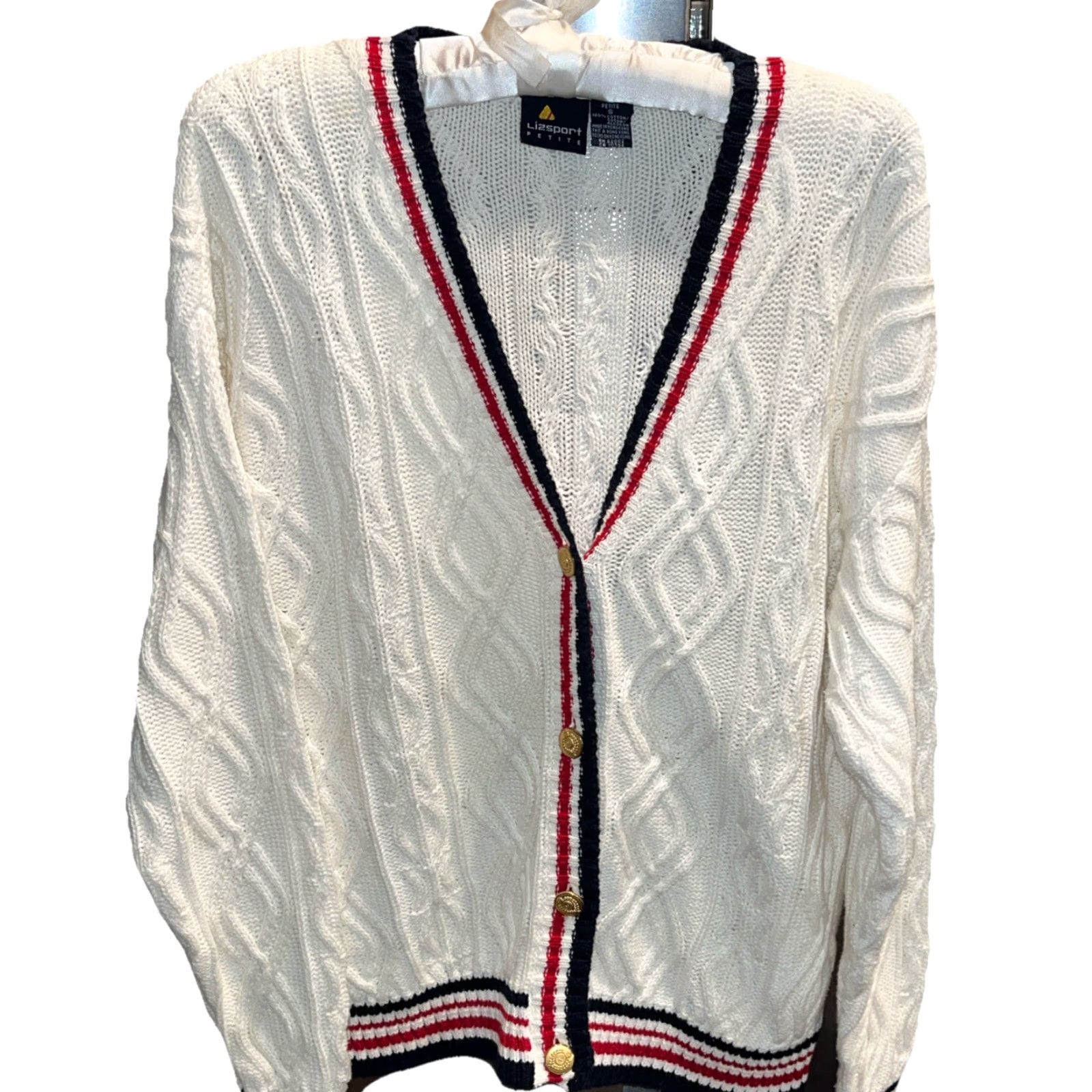 Vintage VINTAGE Lizsport Cardigan 90s KnIT Cable-V-Neck WhiteStripe Blue Red Gold Buttons Women Ps Petite Size S / US 4 / IT 40 - 2 Thumbnail