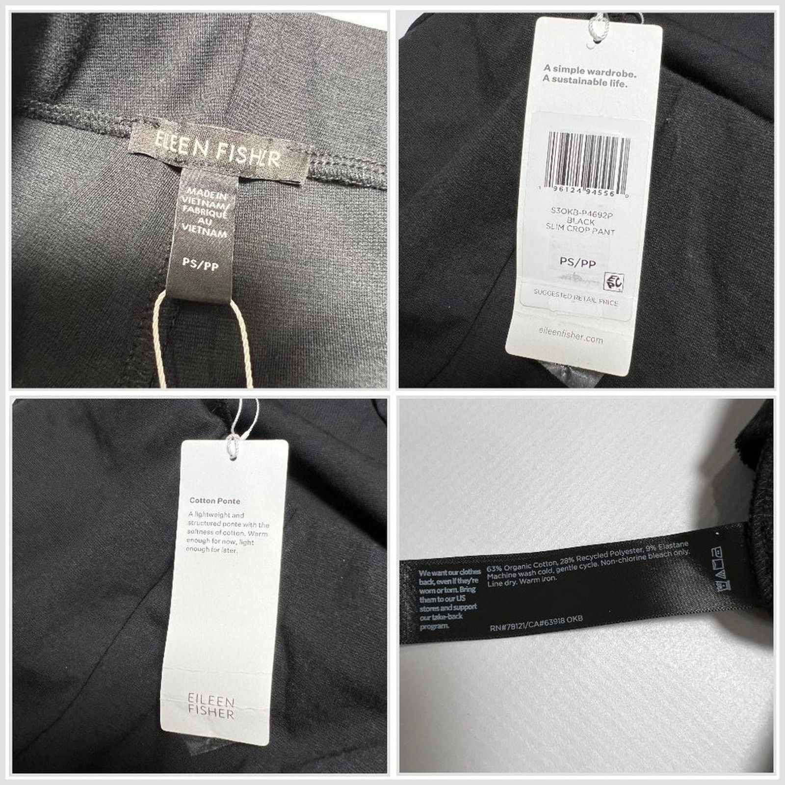 Eileen Fisher Eileen Fisher Slim Crop Pant Black Organic PS NWT Size 27" / US 4 / IT 40 - 3 Thumbnail