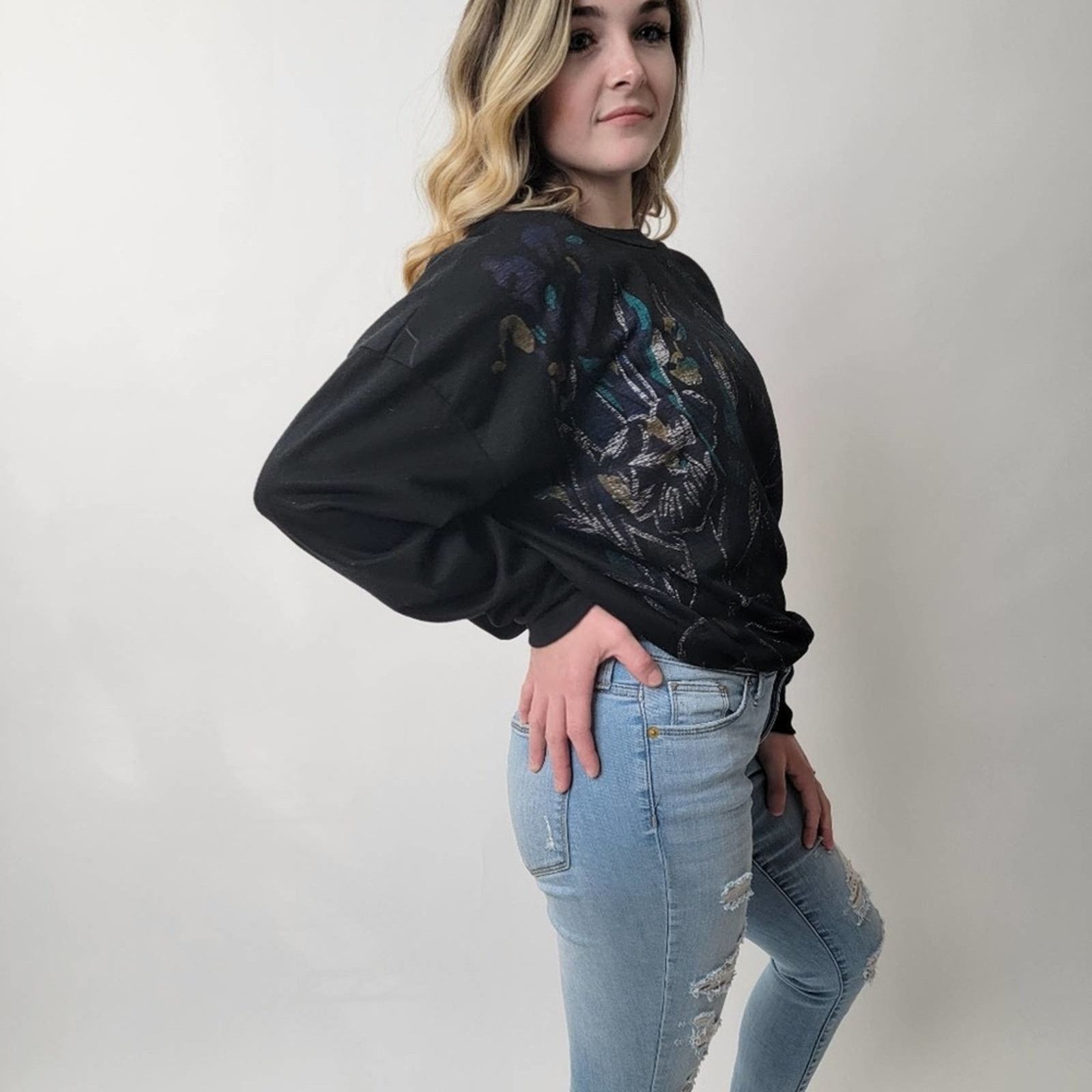 Vintage Vintage 90s Black Muted Floral Sweatshirt Size M / US 6-8 / IT 42-44 - 7 Thumbnail