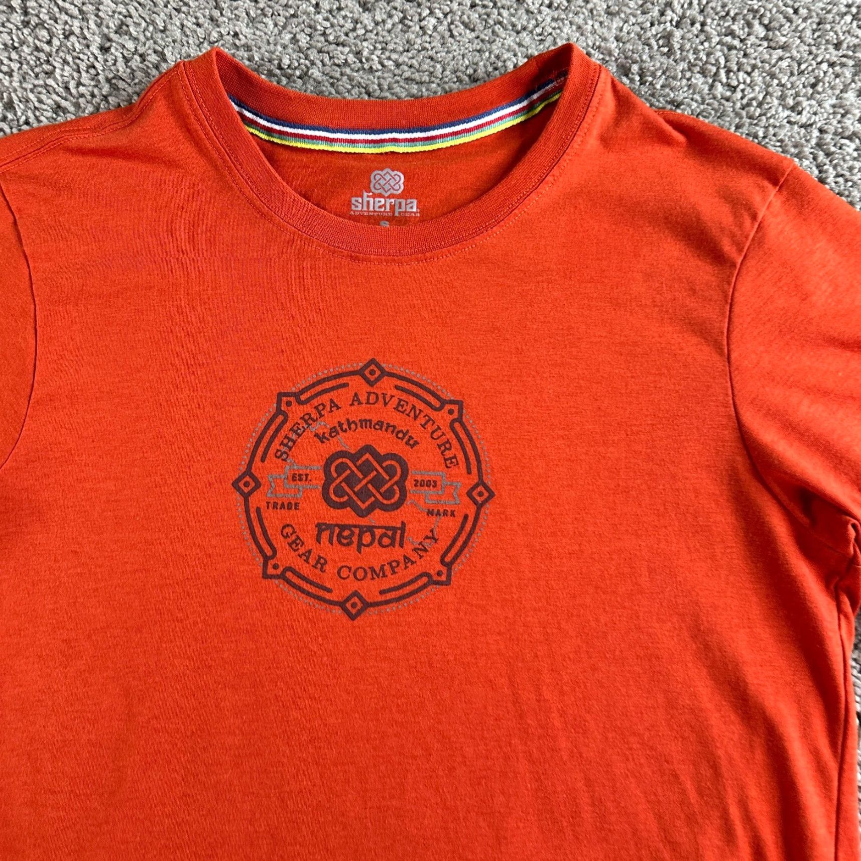 Vintage Sherpa Shirt Mens Small Orange Kathmandu Nepal Short Sleeve Graphic Print Logo Crew Neck T-Shirt Size US S / EU 44-46 / 1 - 3 Thumbnail