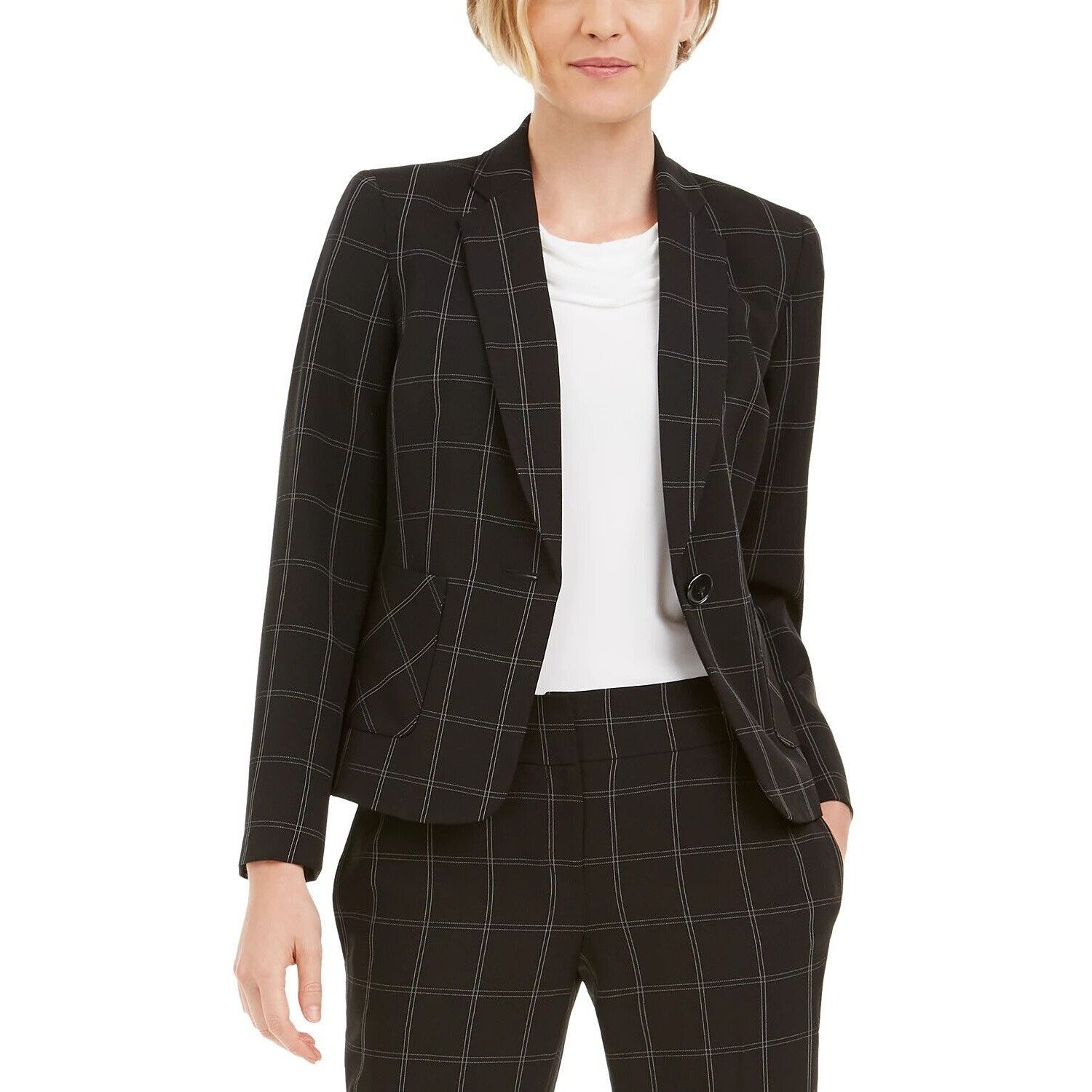 Kasper Kasper Windowpane-Plaid One-Button Blazer, Black/Vanilla, 4 Size S / US 4 / IT 40 - 3 Thumbnail