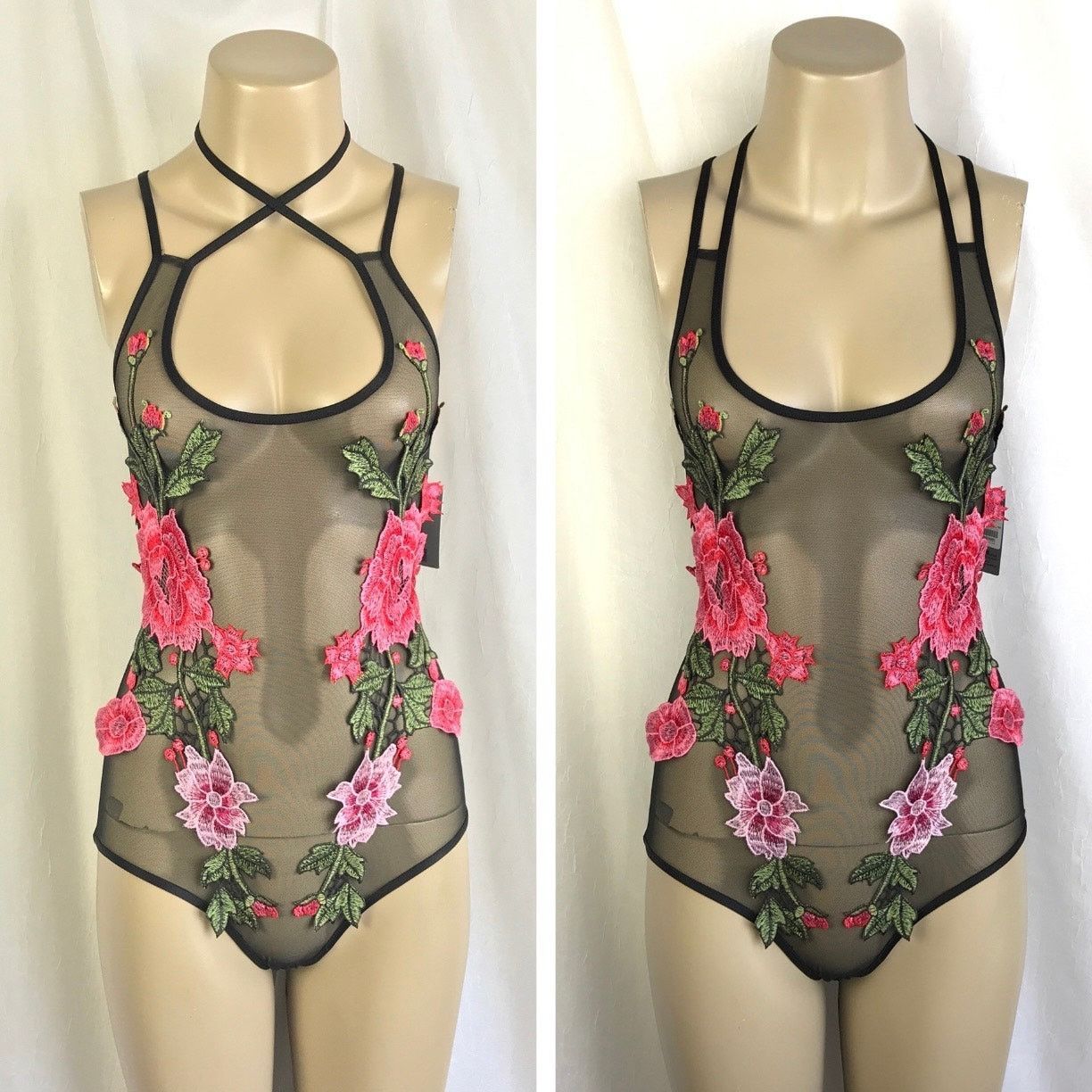 Black Sheer Mesh Strappy Bodysuit Pink Green Floral Patches, Women's (Size Medium)